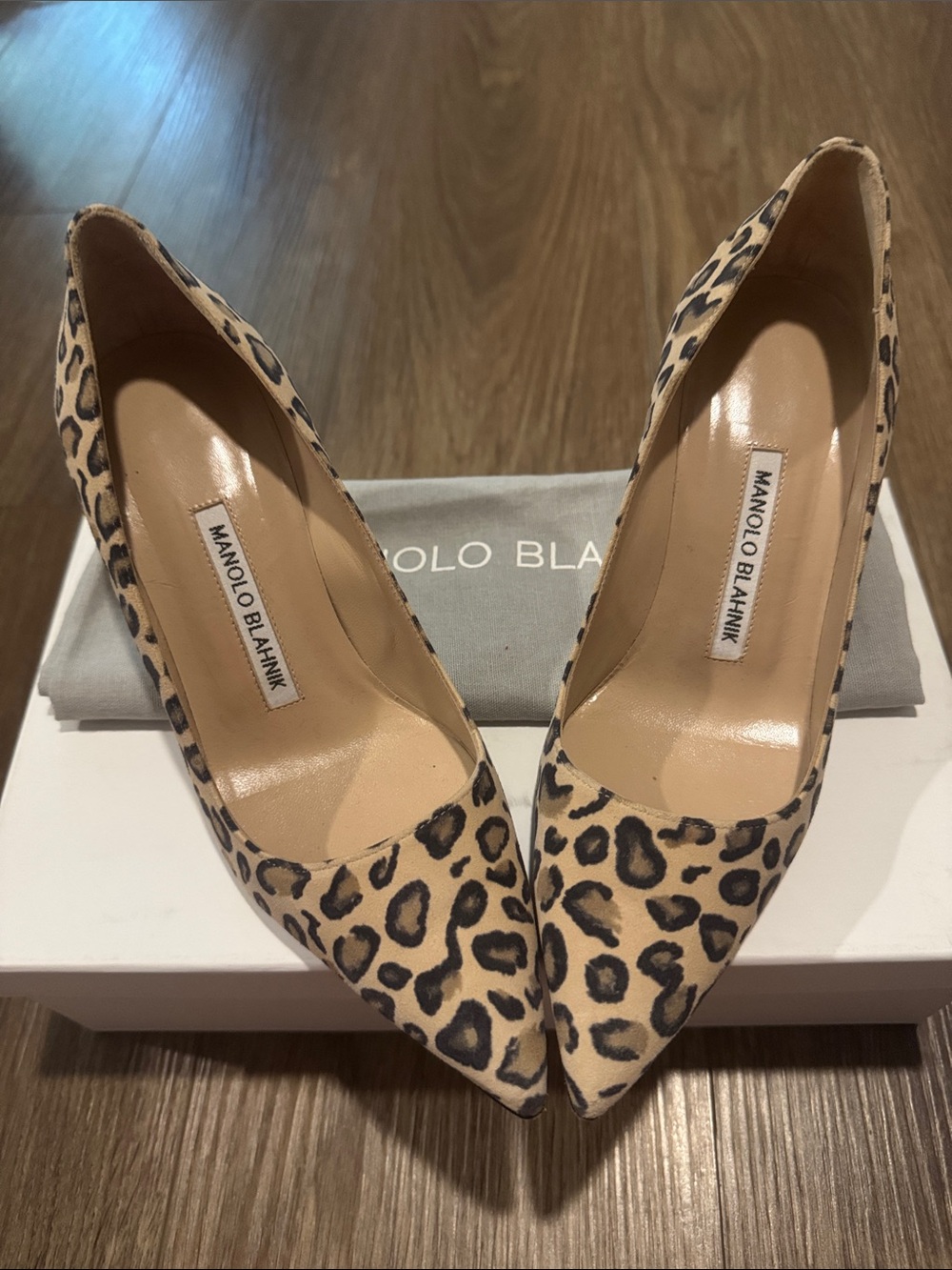 Manolo Blahnik Leopard Print Pointed Toe Pumps - Tan and Black